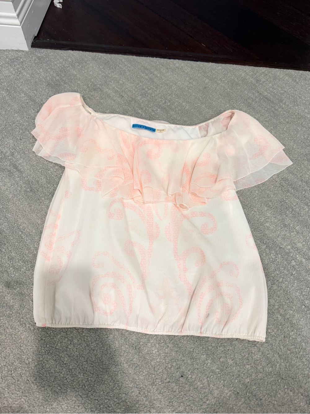 Alice + Olivia Off-Shoulder Ruffle Blouse in Pale Pink and Cream